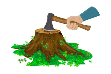 Tree stump and hand with axe isolated on white background. Woodcutter arm with ax. Axe in arm stuck in tree trunk.Deforestation, wood devastation and ecosystem destruction concept. Vector illustration