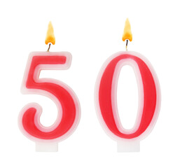 Red birthday candles isolated on white background, number 50