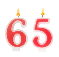 Red birthday candles isolated on white background, number 65