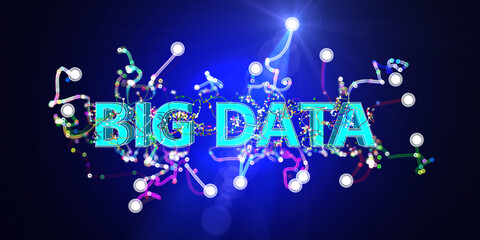 Abstract background with chaotic  lines and  wireframe big data text on blue.  Analytics algorithms data. Quantum cryptography concept. Banner for business, science and technology.  Big data.