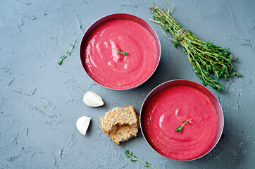 Beet pureed soup in a bowl