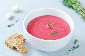 Beet pureed soup in a bowl