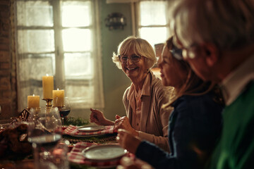 Senior couple and grandson at Christmas lunch