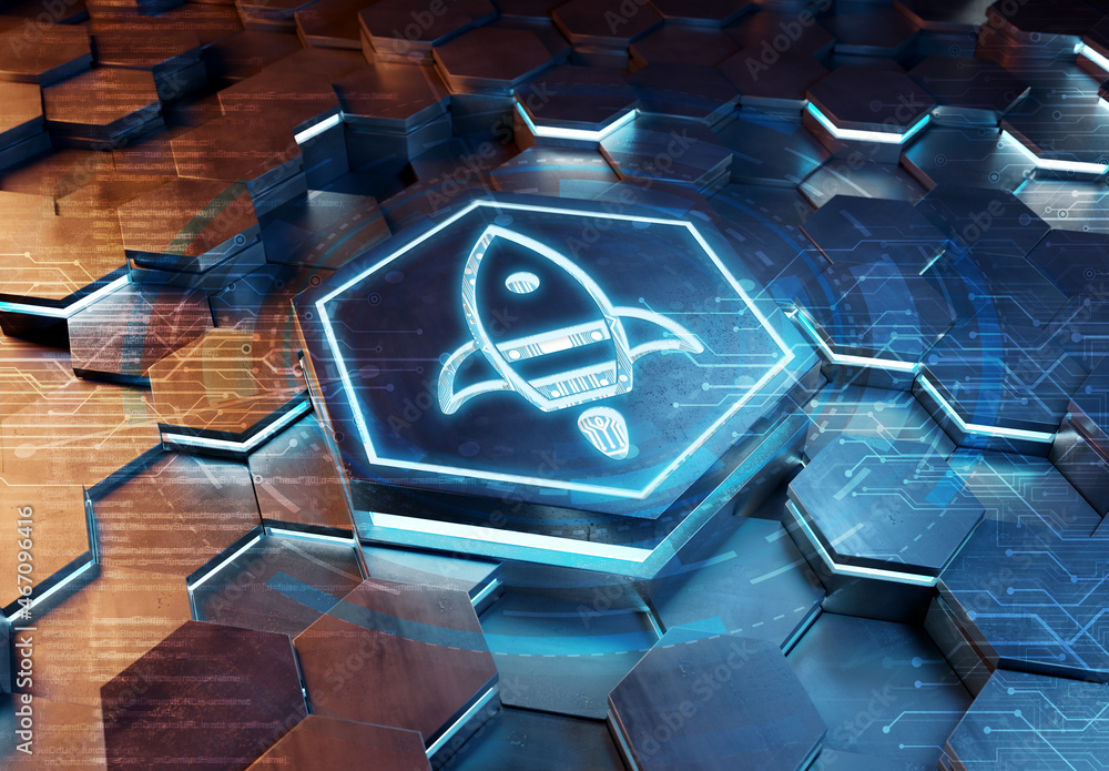Poster Spaceship icon innovation concept engraved on metal hexagonal pedestral background. Rocket startup logo glowing on abstract digital surface. 3d rendering