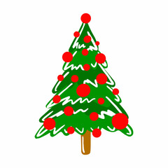 Vector hand drawn Christmas tree isolated on white background icon. Funny and cute doodle vintage illustration for seasonal design, textile, decoration for greeting card. Spruce with new year garland.