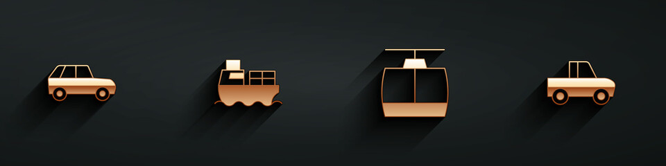 Set Car, Cargo ship with boxes delivery, Cable car and Pickup truck icon with long shadow. Vector © Vadim