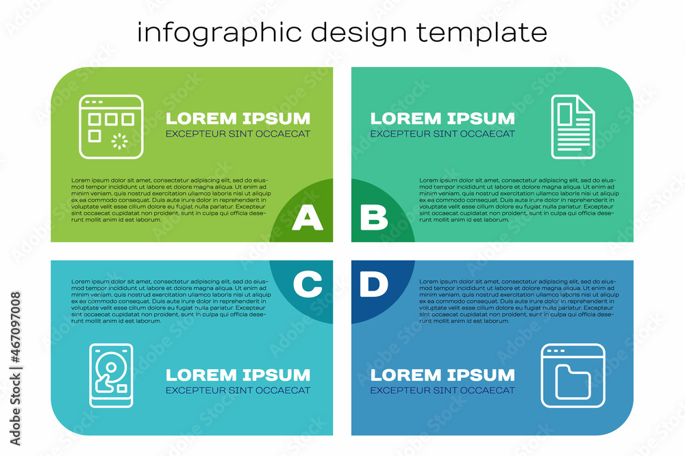 Poster set line hard disk drive hdd, loading data window, browser files and file document. business infogra