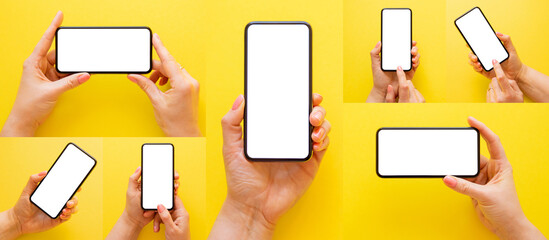 Collage of photos with mobile phone in hand on yellow background