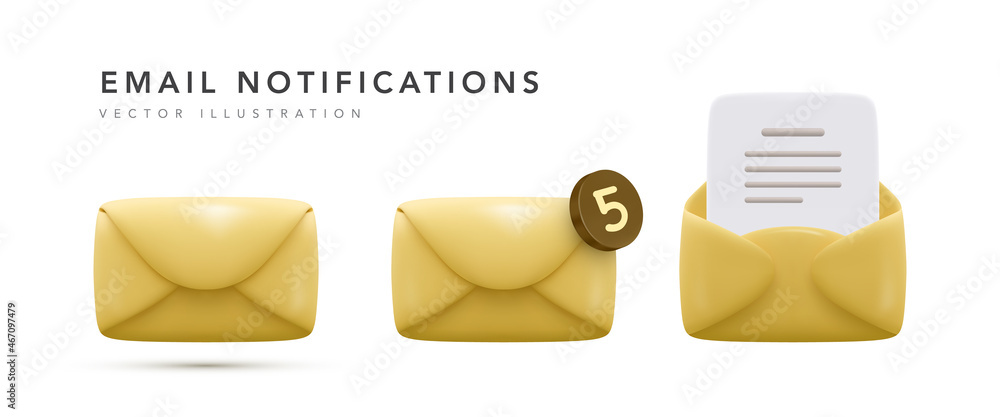 Poster set of 3d realistic email envelope icons with document and marker one message isolated on white back