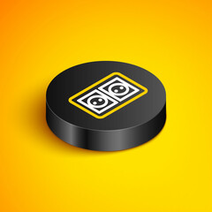 Isometric line Electrical outlet icon isolated on yellow background. Power socket. Rosette symbol. Black circle button. Vector