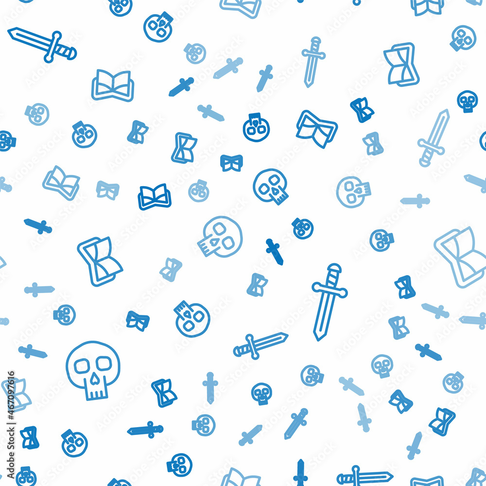 Poster set line skull, medieval sword and ancient magic book on seamless pattern. vector