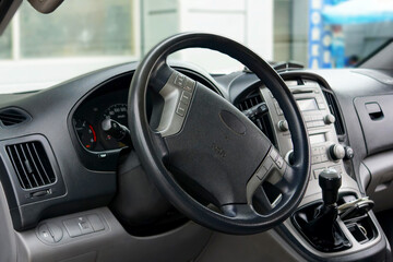 steering wheel and instrument panel in the minibus cabin