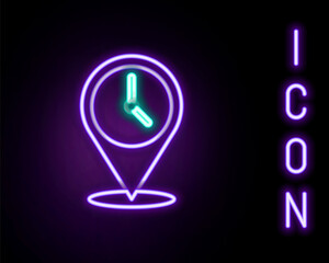 Glowing neon line Location with clock icon isolated on black background. Colorful outline concept. Vector