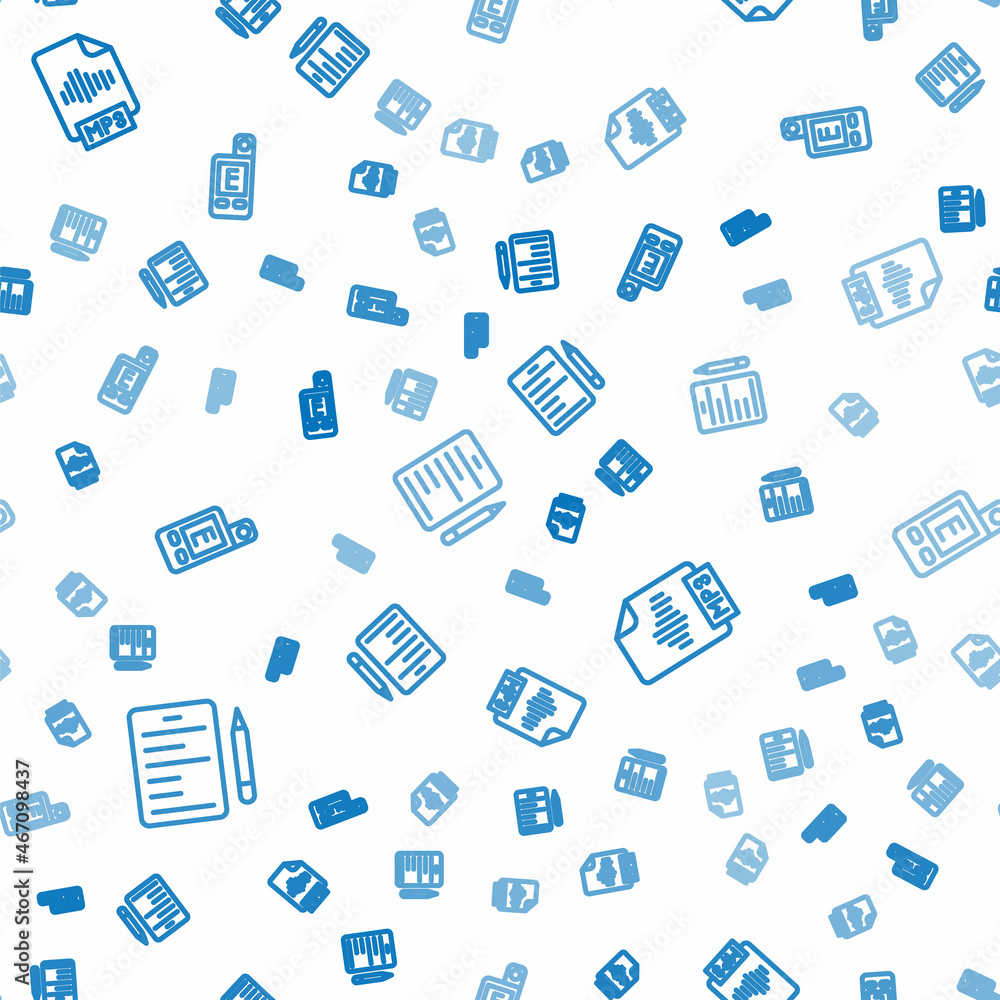 Poster set line scenario, mp3 file document and light meter on seamless pattern. vector