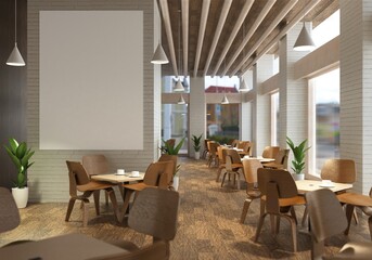 3D illustration Mockup photo frame in lounge or canteen