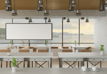 3D illustration Mockup photo frame in lounge or canteen
