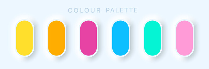 Guide Palette Catalog. Multicolor orange purple pink cyan. Samples Pastel and RGB HEX. Colorful soft buttons or vivid color spheres flat. Neomorphism Vector illustration