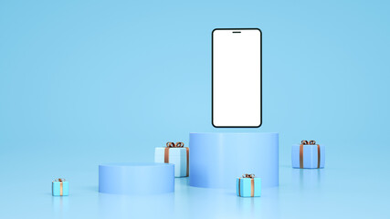 Template with a phone and gifts around it in blue tones, and gold present - 3D rendering