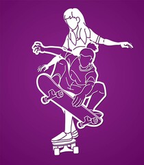 Group of Skateboarder Playing Skateboard Together Extreme Sport Cartoon Graphic Vector