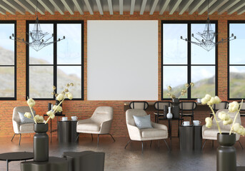 3D illustration Mockup photo frame in lounge or canteen