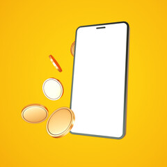 A phone with a white screen, gold coins floating in the air around it, on a yellow background - 3D rendering