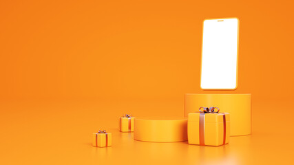 Phone with white screen on podium around gifts with golden ribbon - 3D rendering