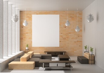 3D illustration Mockup photo frame in lounge or canteen