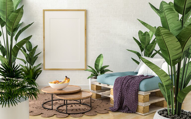 3D illustration Mockup photo frame in living room rendering