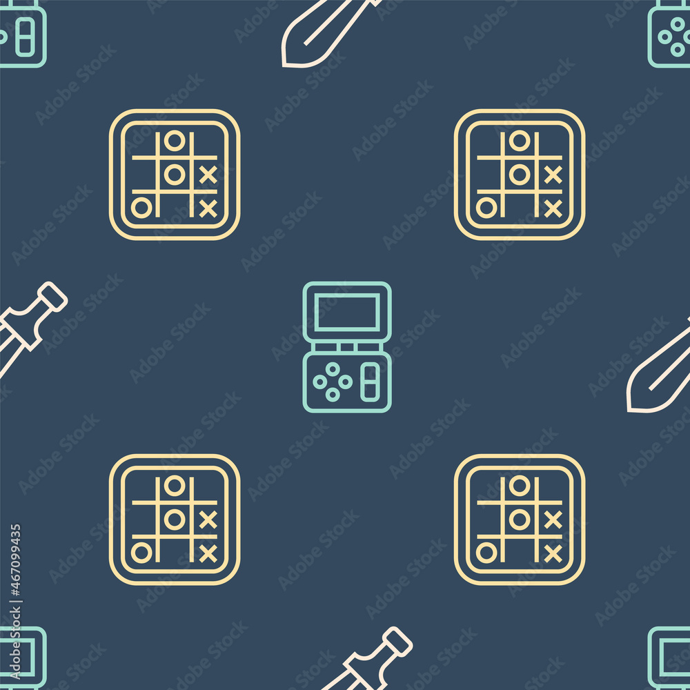Poster set line sword toy, tic tac toe game and tetris electronic on seamless pattern. vector