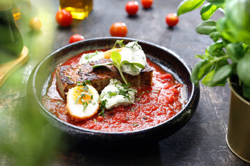 Vegetable casserole in tomato sauce with egg and white cheese.
A tasty dish.Culinary photography. Suggestion to serve the dish.