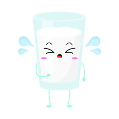 Kawaii cartoon of a glass of milk. Character of cute milk in the glass. chibi mascot. Illustration emoji milk in various expression. cry, crying, sad