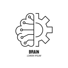 Artificial intelligence and machine learning line icon. Brain and gear. Simple thin outline pictogram. AI concept. Innovative robotic technology element. Cpu,cloud. Editable stroke vector illustration