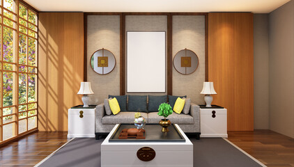 3D illustration Mockup photo frame in living room rendering