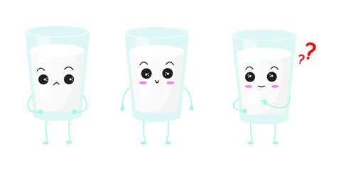 Kawaii cartoon of a glass of milk. Character of cute milk in the glass. chibi mascot. Illustration emoji milk in various expression. collection of cute expression. triplet 4