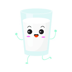 Kawaii cartoon of a glass of milk. Character of cute milk in the glass. chibi mascot. Illustration emoji milk in various expression. run and happy