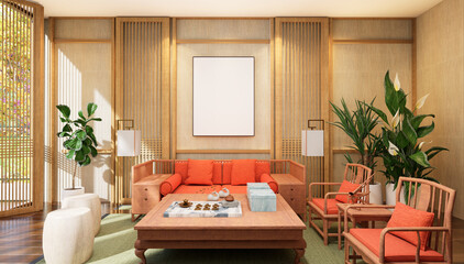 3D illustration Mockup photo frame in living room rendering
