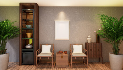 3D illustration Mockup photo frame in living room rendering