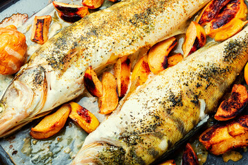 Tasty baked fish,food background