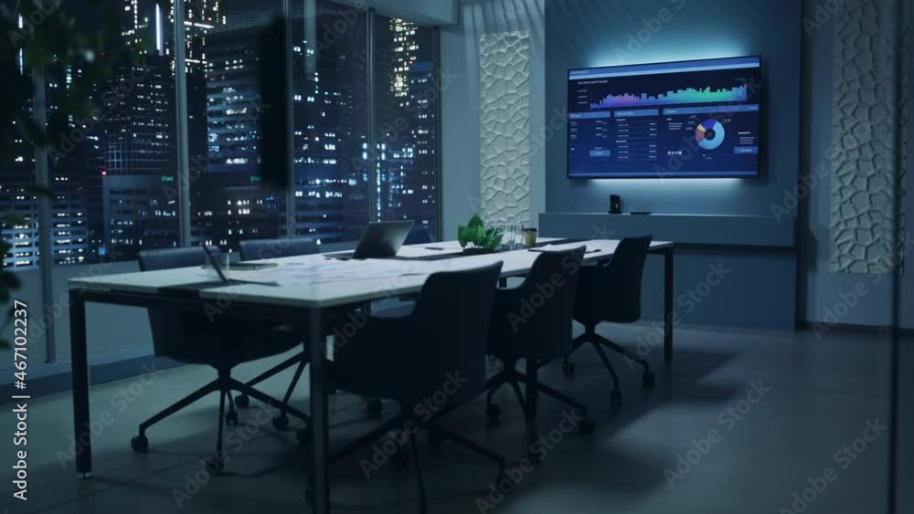 Poster modern empty meeting room with big conference table with various documents and laptop on it. wall tv