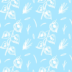 Seamless vector pattern with Christmas botanicals in white line on light blue background.Winter,floral,holiday print in doodle style hand drawn.Designs for textile,wrapping paper,fabric,scrapbooking.