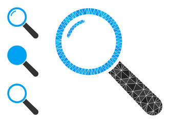 lowpoly magnifier icon, and similar icons. Polygonal magnifier vector is filled from randomized triangles. Flat geometric lowpoly illustration is created from magnifier icon.