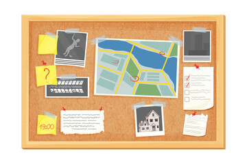 Detective investigation cork board, work place in cartoon style isolated on white background. Mystery photo, map, police mind plan . Vector illustration - obrazy, fototapety, plakaty