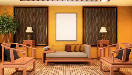 3D illustration Mockup photo frame in lounge rendering