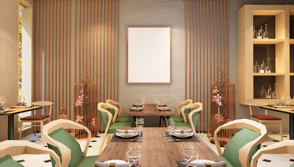 3D illustration Mockup photo frame in restaurant rendering