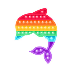 Pop it Toy for Elementary, Preschoolers Kids. Dolphin Shape. Colorful Bright Silicone Game. Isolated Rainbow Fish. Cartoon style. White background. Vector illustration for Children's Design.