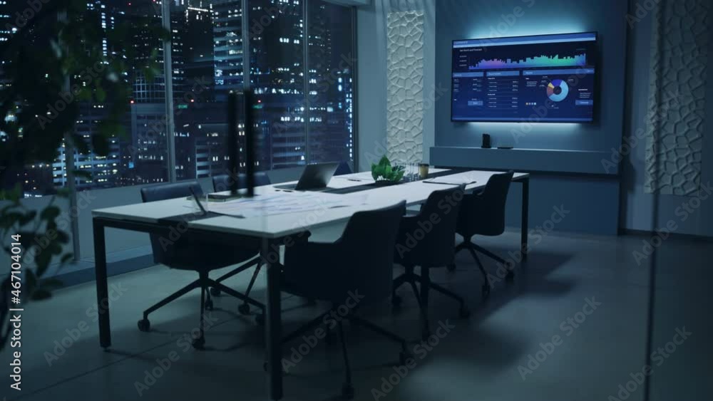 Aufkleber modern empty meeting room with big conference table with various documents and laptop on it. wall tv