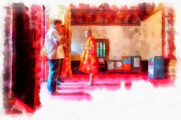 monk in church watercolor style illustration impressionist painting.