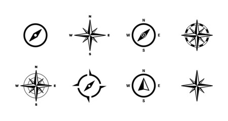 Rose of Wind and ompass icon set. North, south, west and east. Travel concept. Vector EPS 10. Isolated on white background © Coosh448