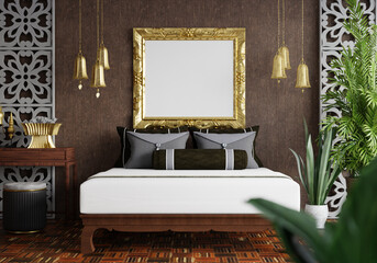3D illustration Mockup photo frame in bedroom rendering
