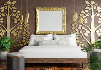 3D illustration Mockup photo frame in bedroom rendering